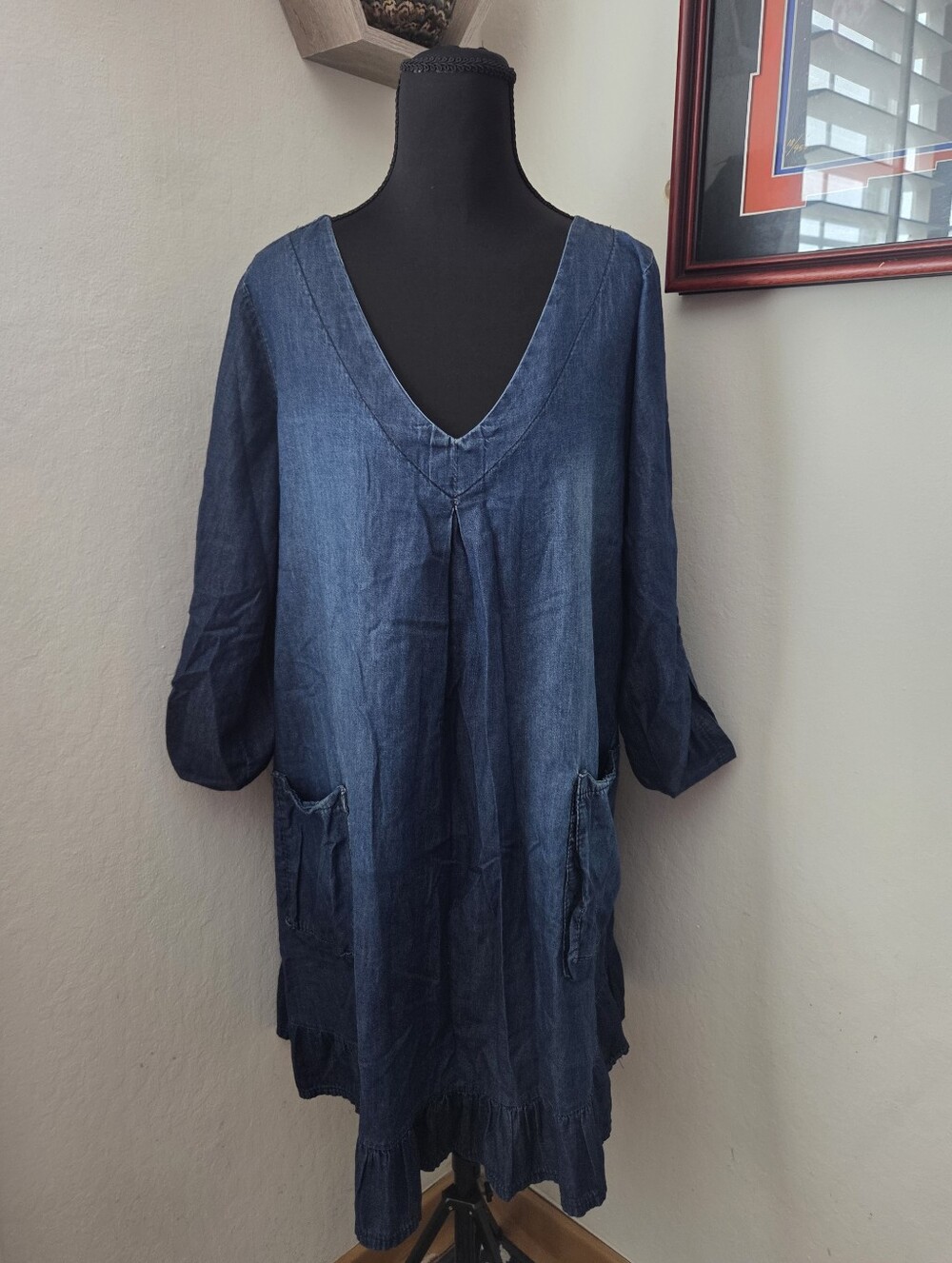 La Fille Du Couturier Blue Denim 100% Cotton Dress pockets ruffles Italy M/8